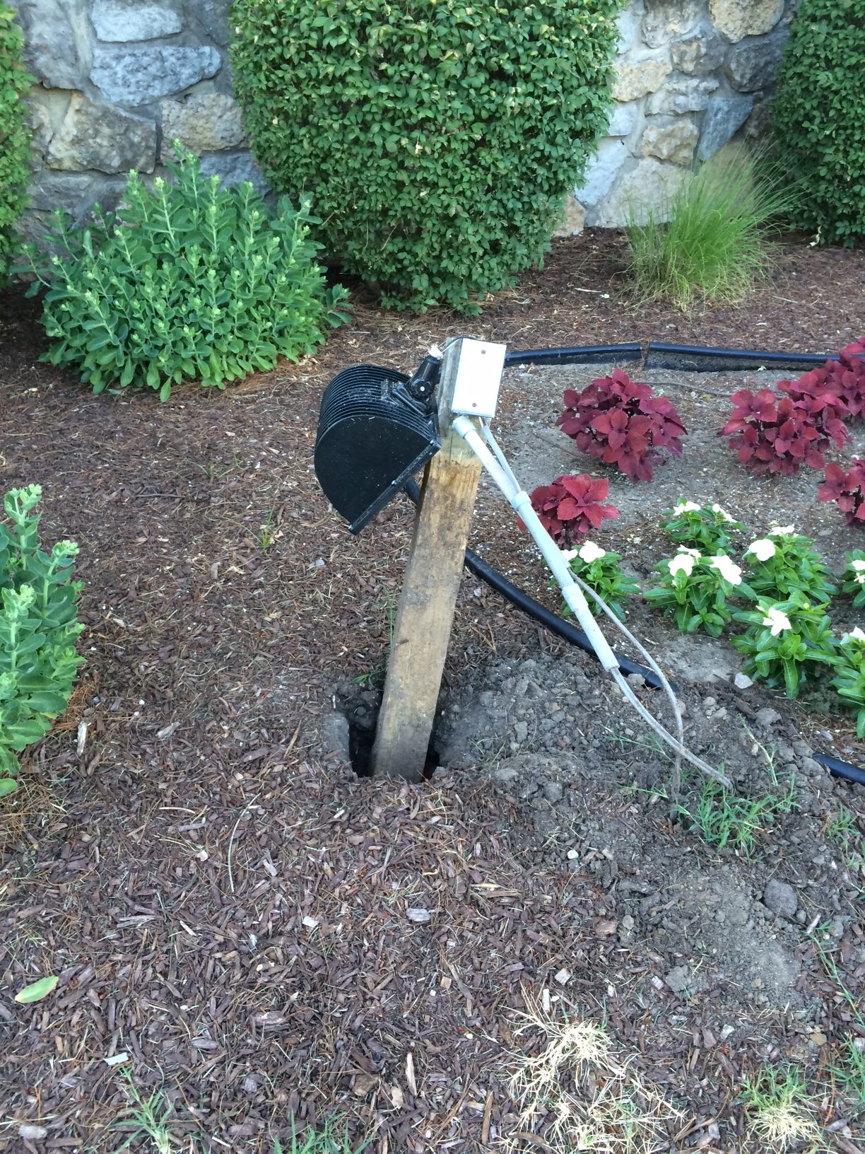 A shovel and some wires in the ground.
