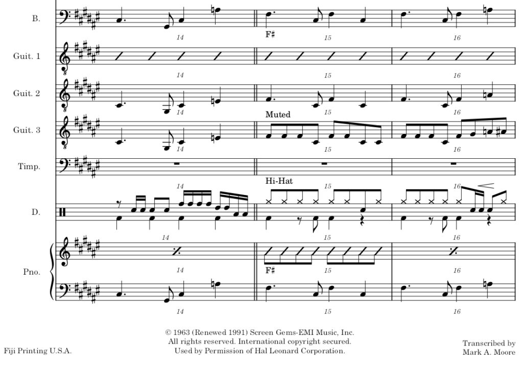 "Dead Man's Curve": Jan Berry music score sample transcribed by Mark A. Moore