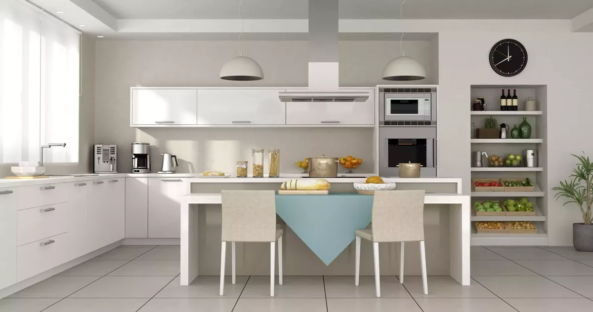 minimalist white kitchen with island