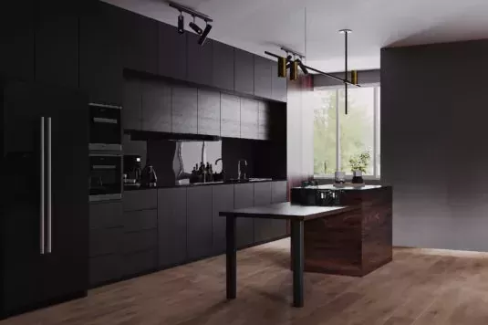 modern dark kitchen and dinning room interior