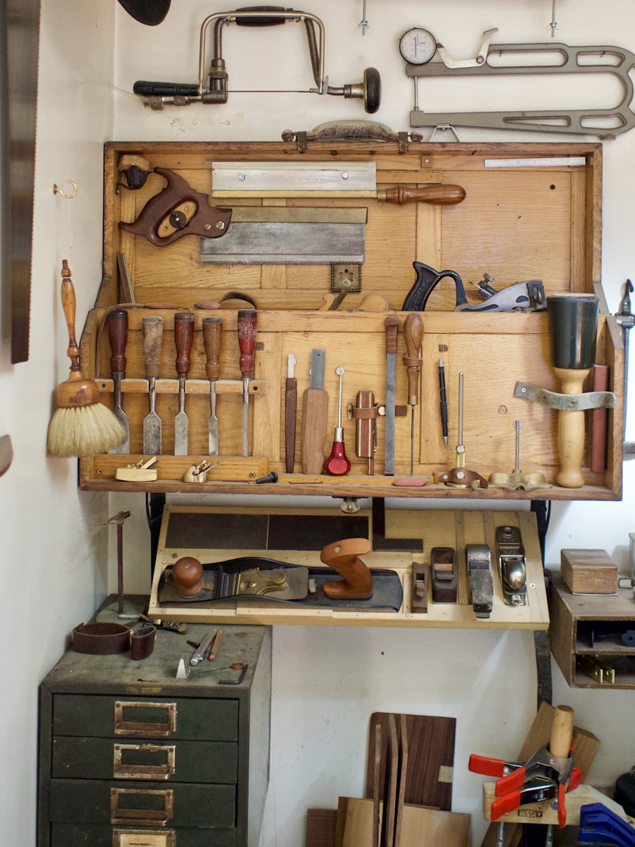Locksmith workbench laid out with hand tools, pinning kits and lock cylinders