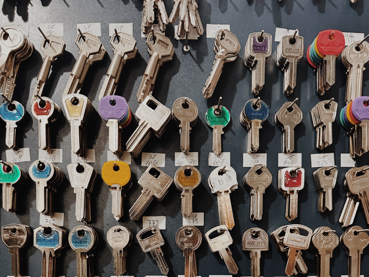 Wall rack holding dozens of standard and high-security key blanks ready for cutting